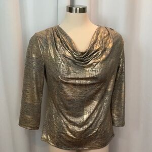 Draper’s & Damon’s Draped Neck 3/4 Sleeve Gray Gold Foil Top Women Size L